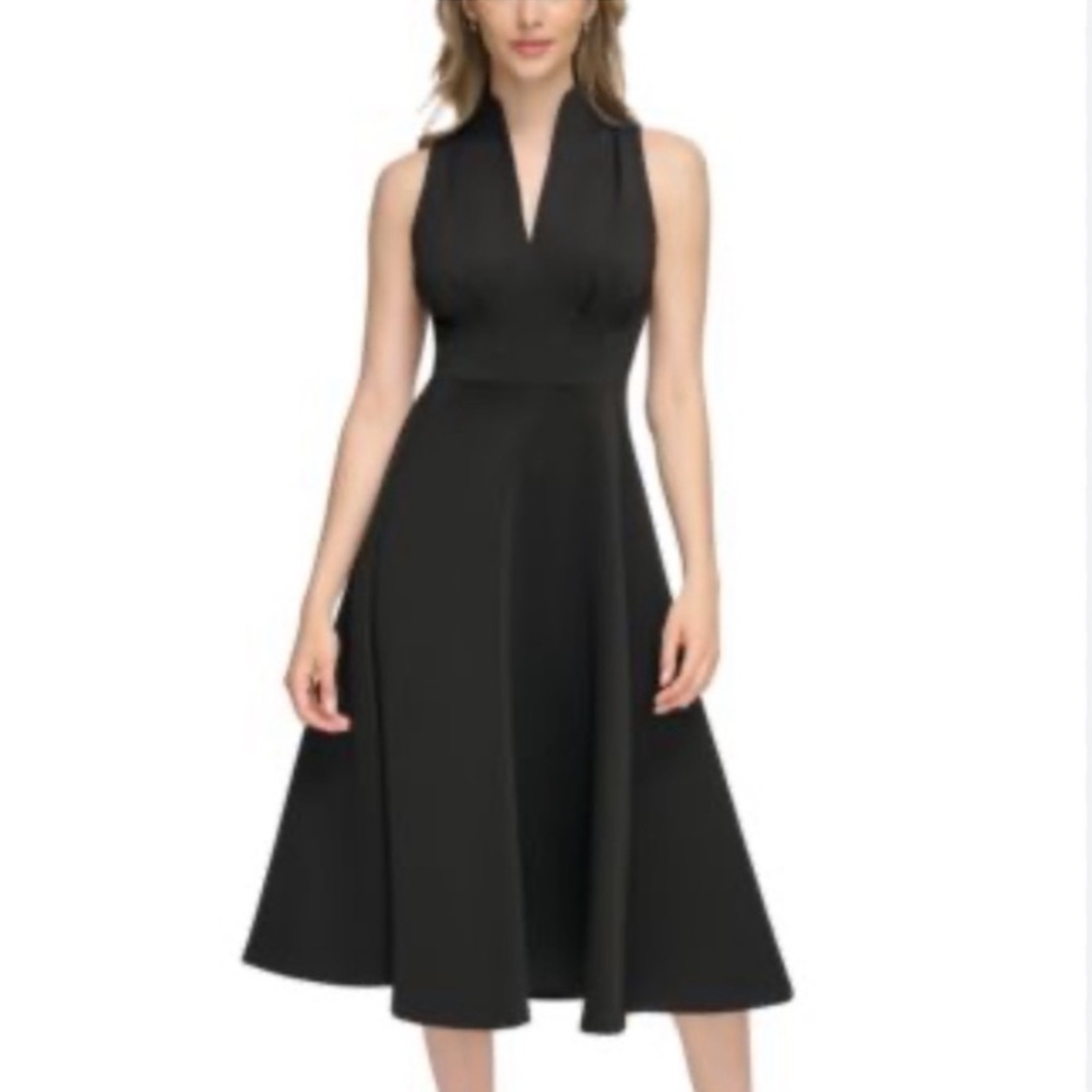 NWT Calvin Klein A-Line Halter Black Scuba Midi Stretch Dress Slimming - Picture 3 of 10